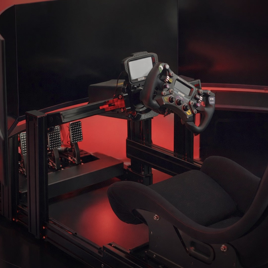 omplete sim racing cockpit with aluminum chassis, bucket seat, direct drive wheel, pedals and monitor mount