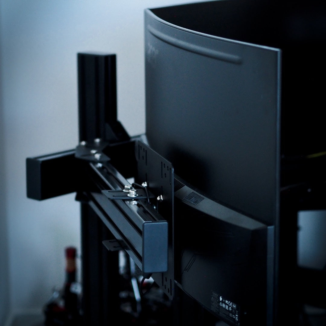 Triple monitor mount for sim racing with adjustable VESA arms and aluminum frame